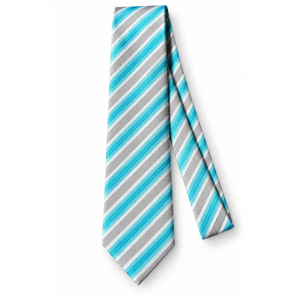 Retro Mens Necktie Turquoise Blue White Grey Striped Hand Made Formal Silk Feel